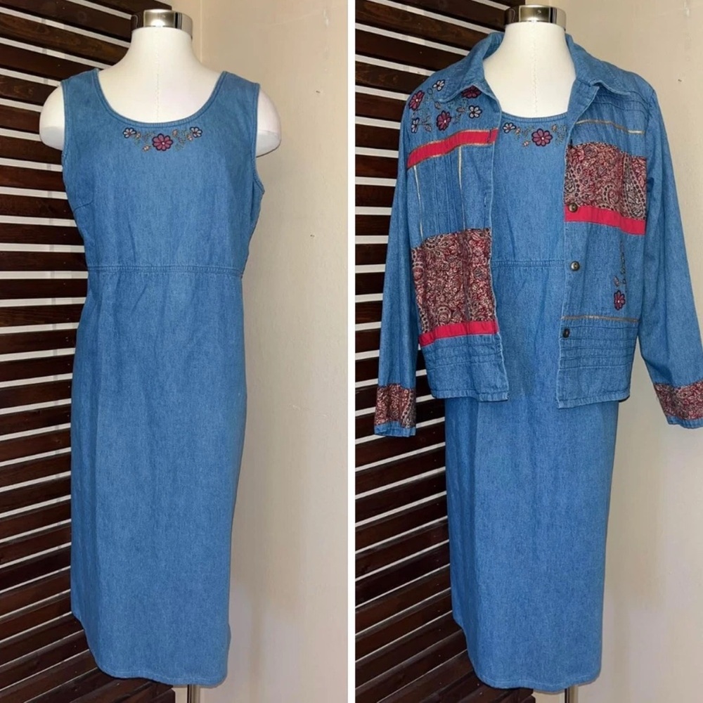 VOLUP 2 PC 1990s Vintage Embroidered Blue Denim Sleeveless Dress Matching Jacket